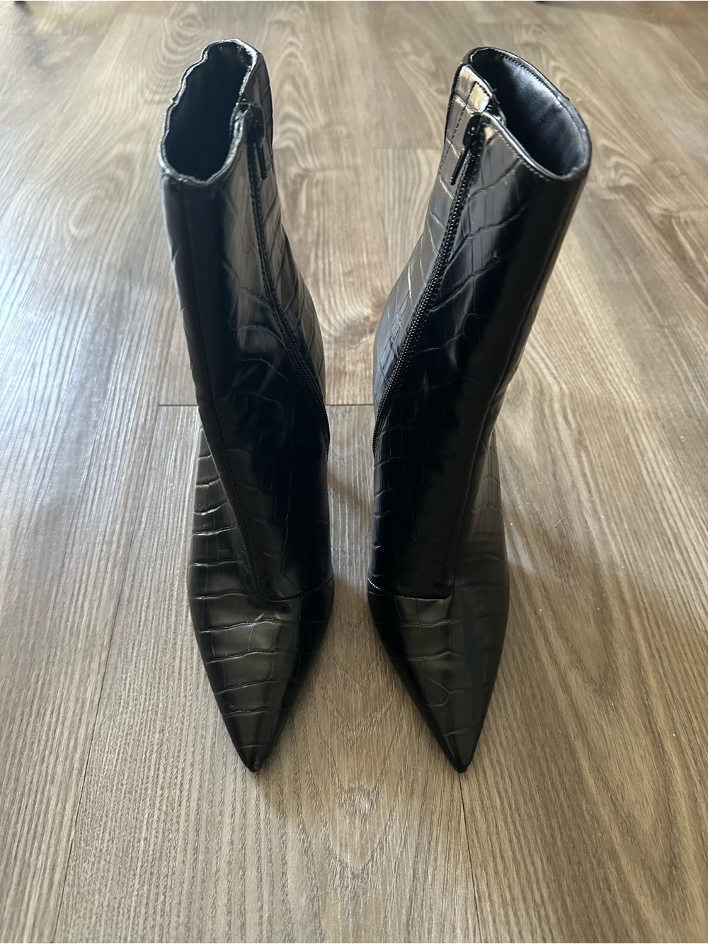 Express Black Croc-Embossed Pointed Toe Ankle Boots